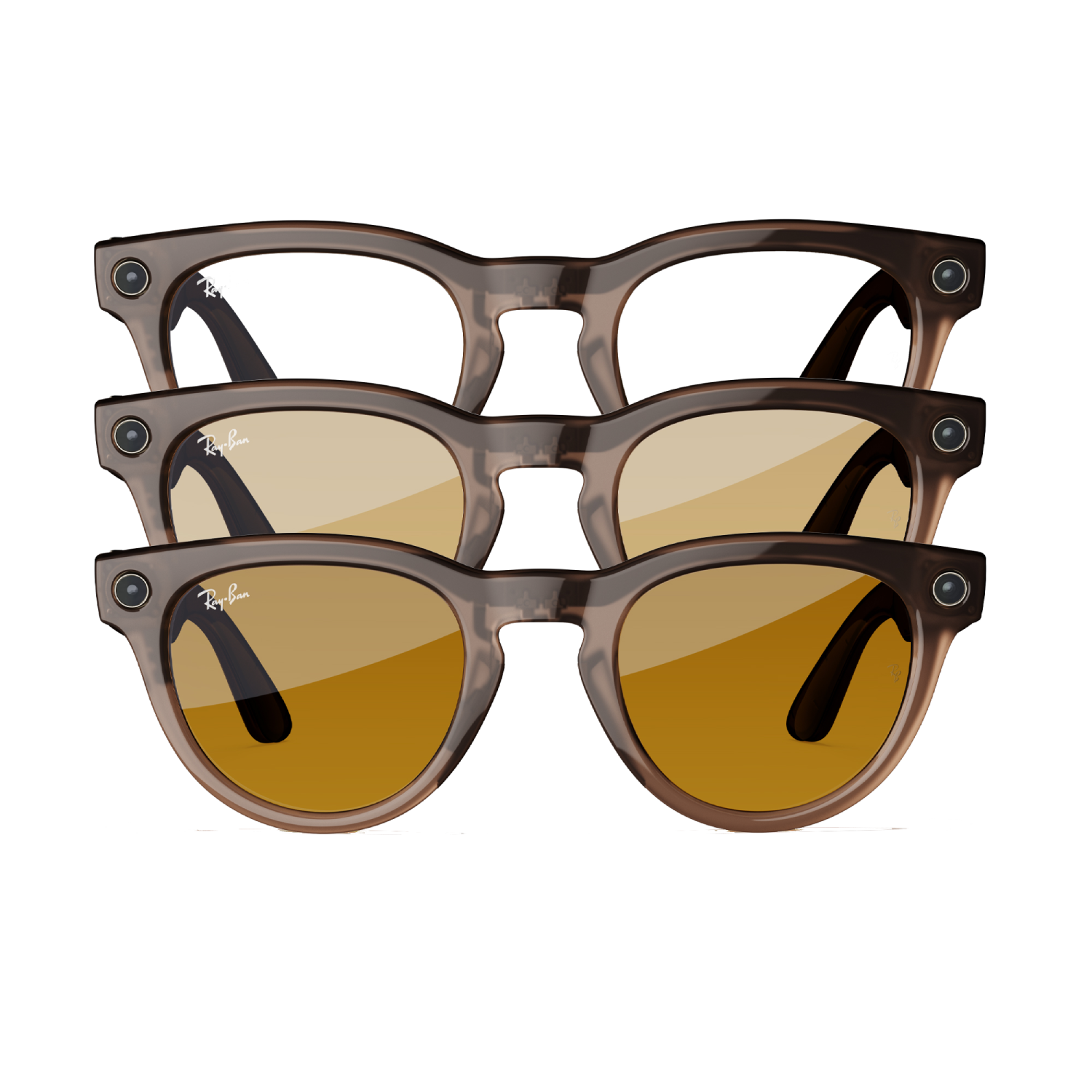 Tres pares de gafas de sol Ray-Ban, mostrando diferentes colores de lentes.
