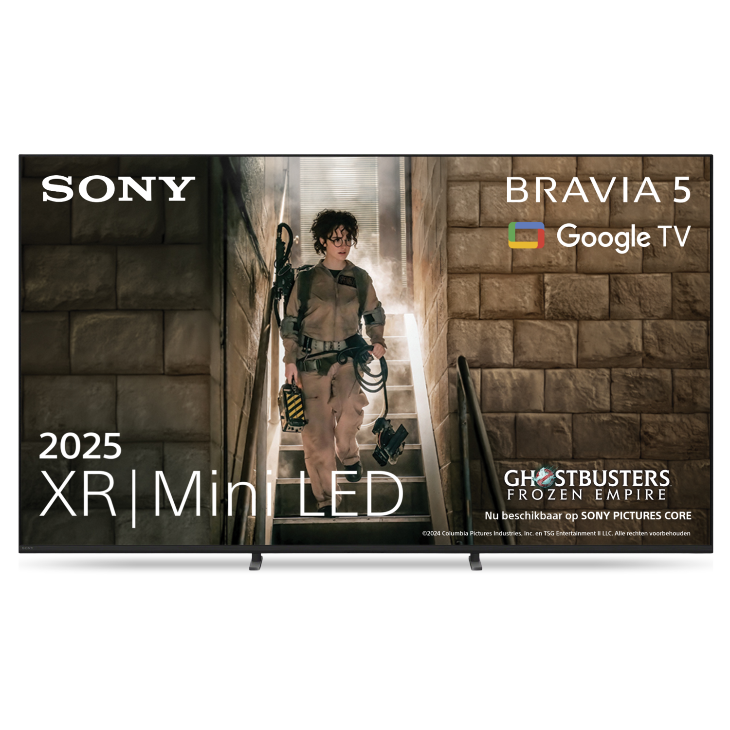 TV Sony montrant une scène du film Ghostbusters avec texte et logos.