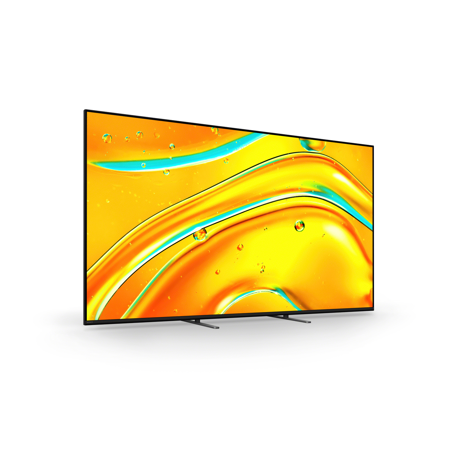 Un téléviseur moderne avec un fond jaune vif, montrant un motif incurvé dans un salon.