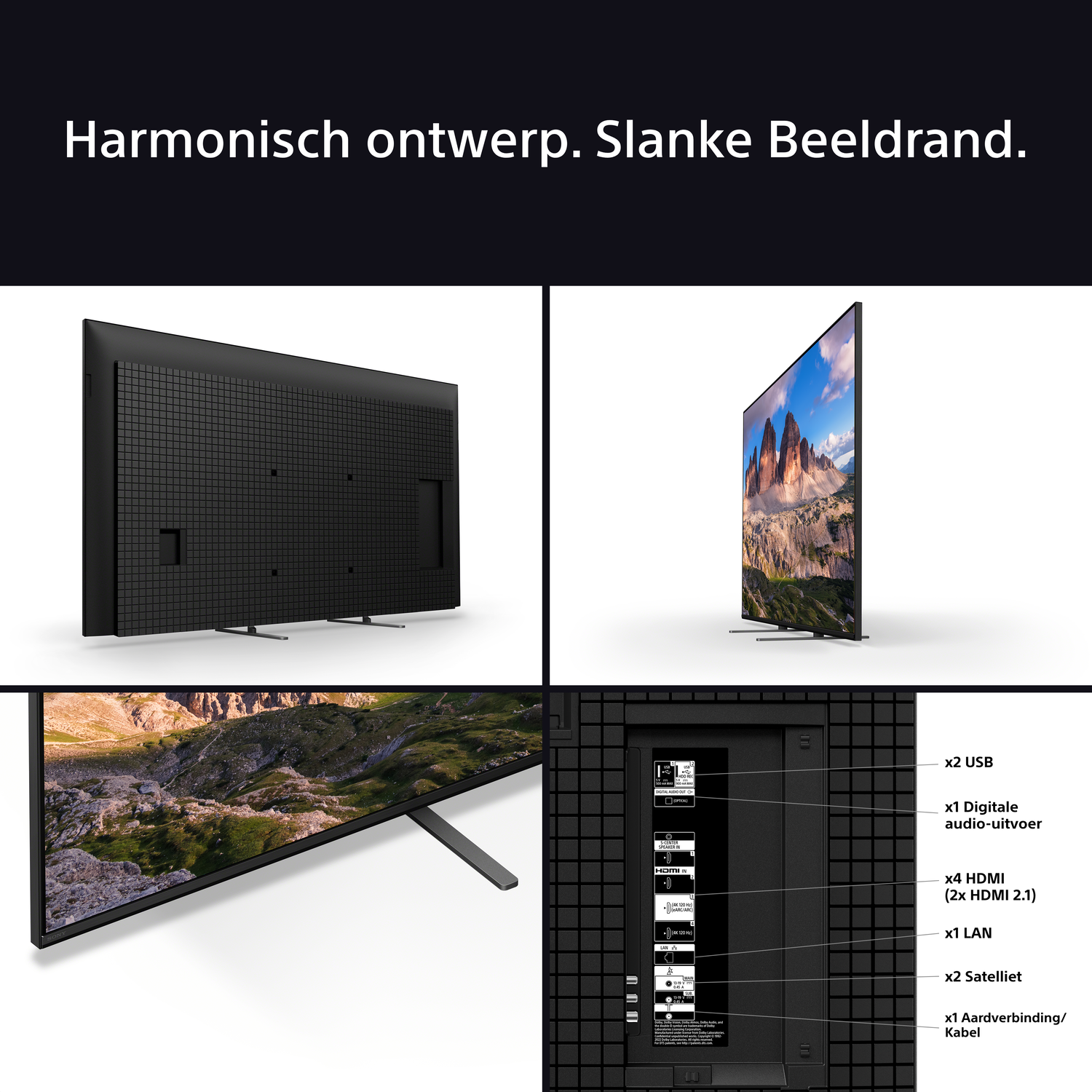 Een tv-scherm met een landschap. Vier afbeeldingen die de tv vanuit verschillende hoeken laten zien.