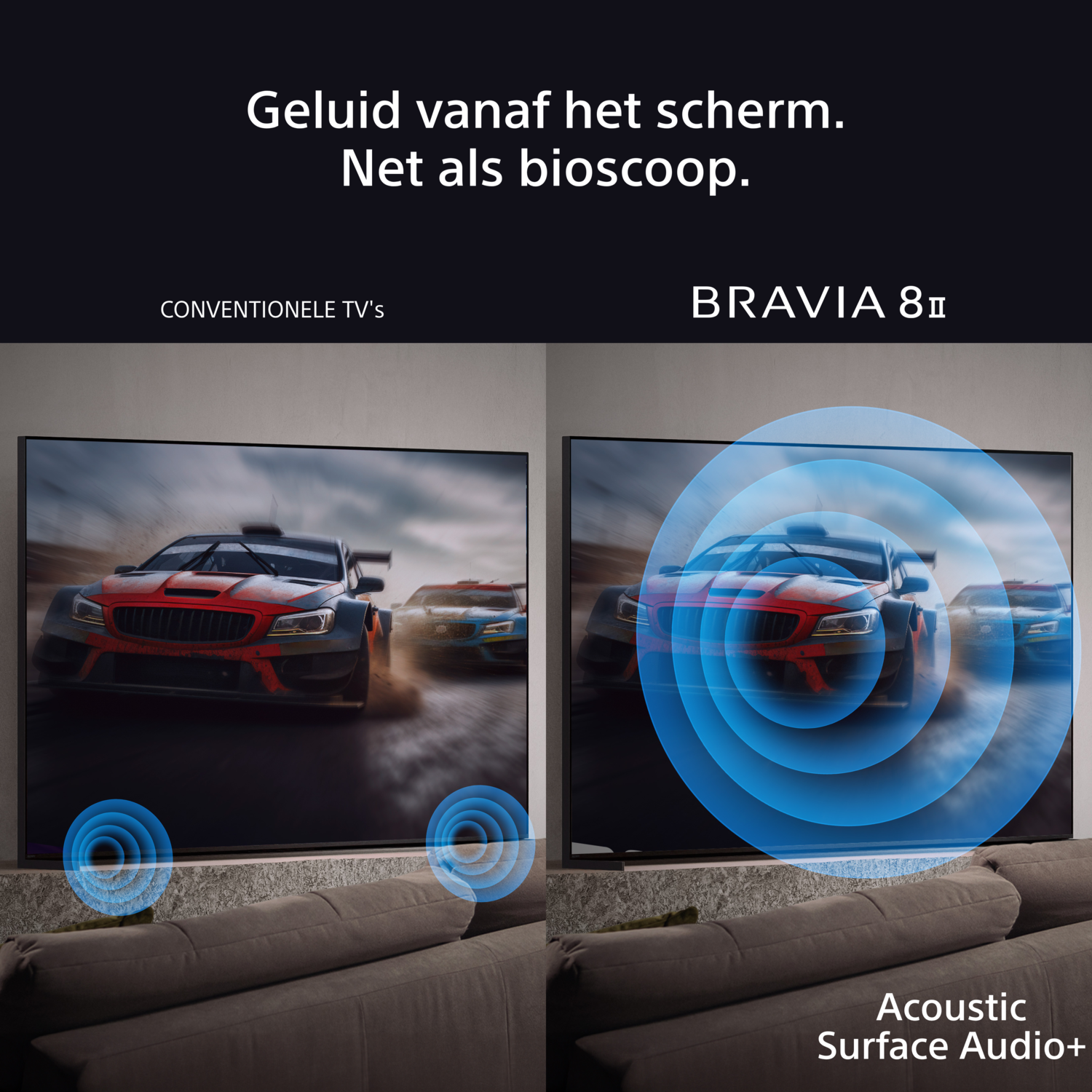 Tv's tonen autorace met geluidsgolven, reclame voor BRAVIA 8 II.