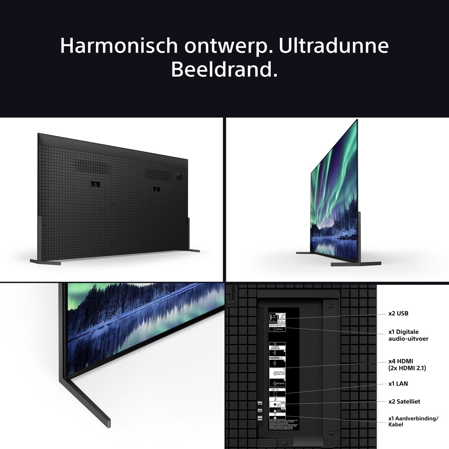 TV toont achter- en zijaanzicht, met poortdetails. Het scherm toont een natuurscène.