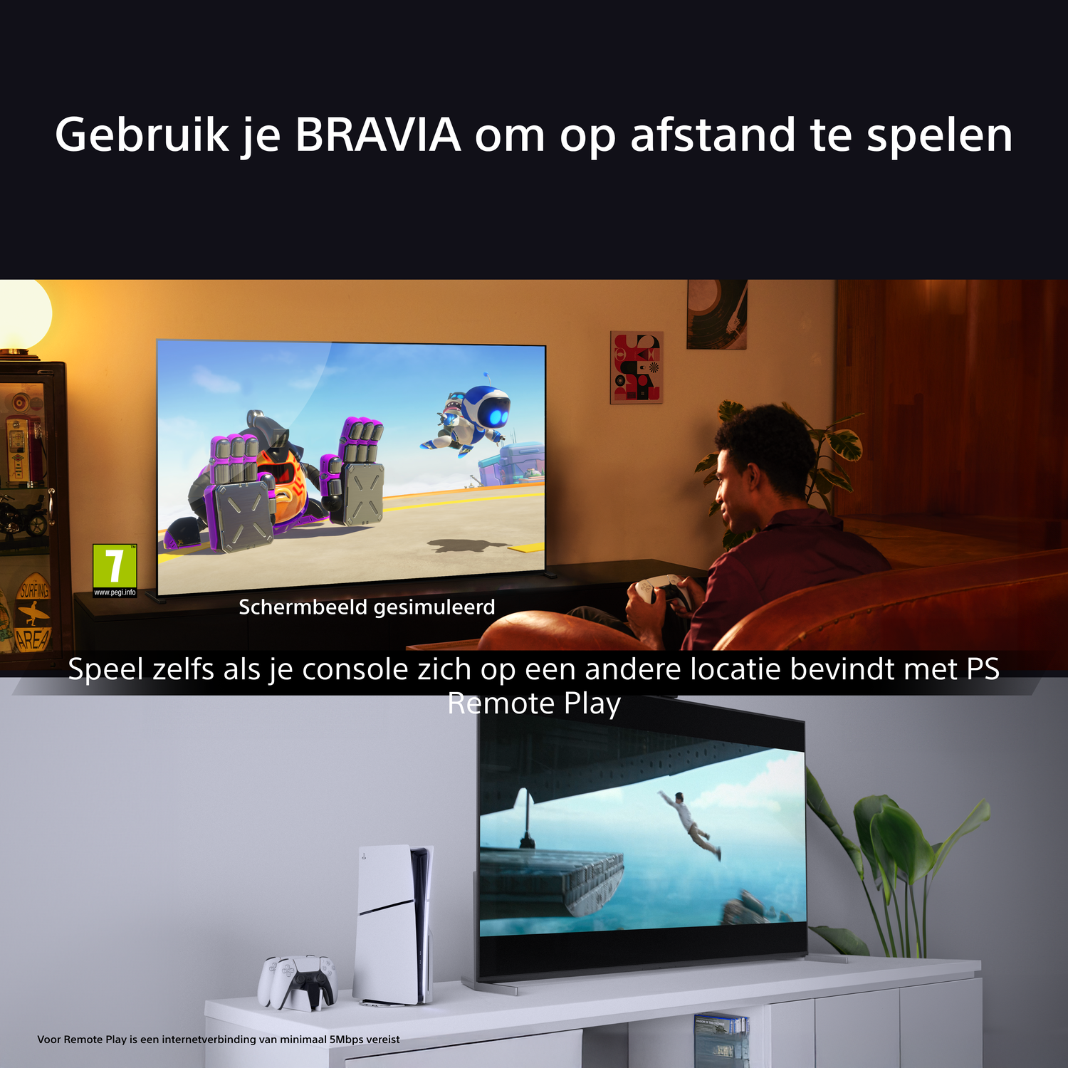 Man speelt een spel op tv, Playstation 5 en een andere tv op de achtergrond.