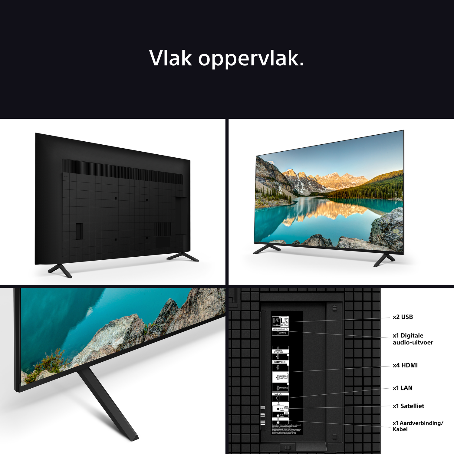 A TV screen displays a landscape, with different views of the TV and its connections.