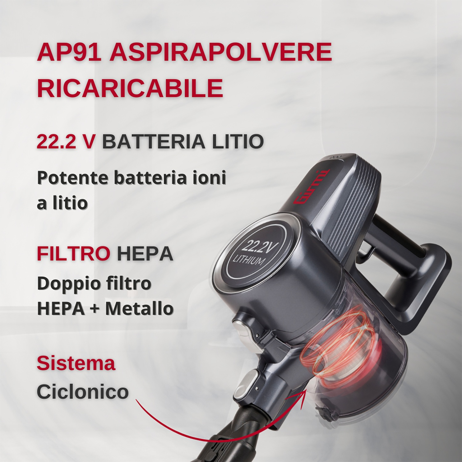 Aspirapolvere senza fili con testo: batteria al litio, filtro HEPA e sistema ciclonico.