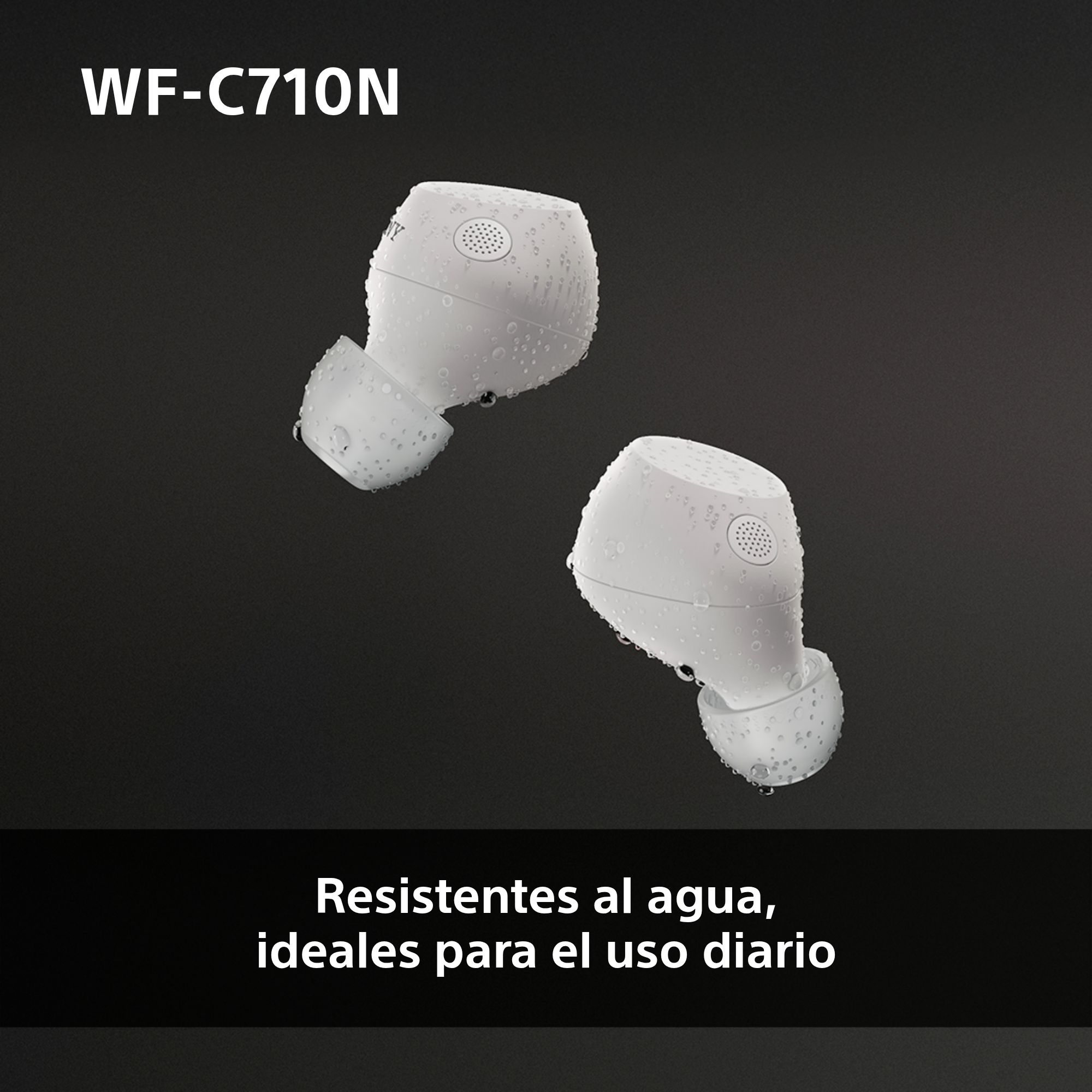 Dos auriculares blancos con gotas de agua. Texto: Resistentes al agua, ideales para el uso diario.