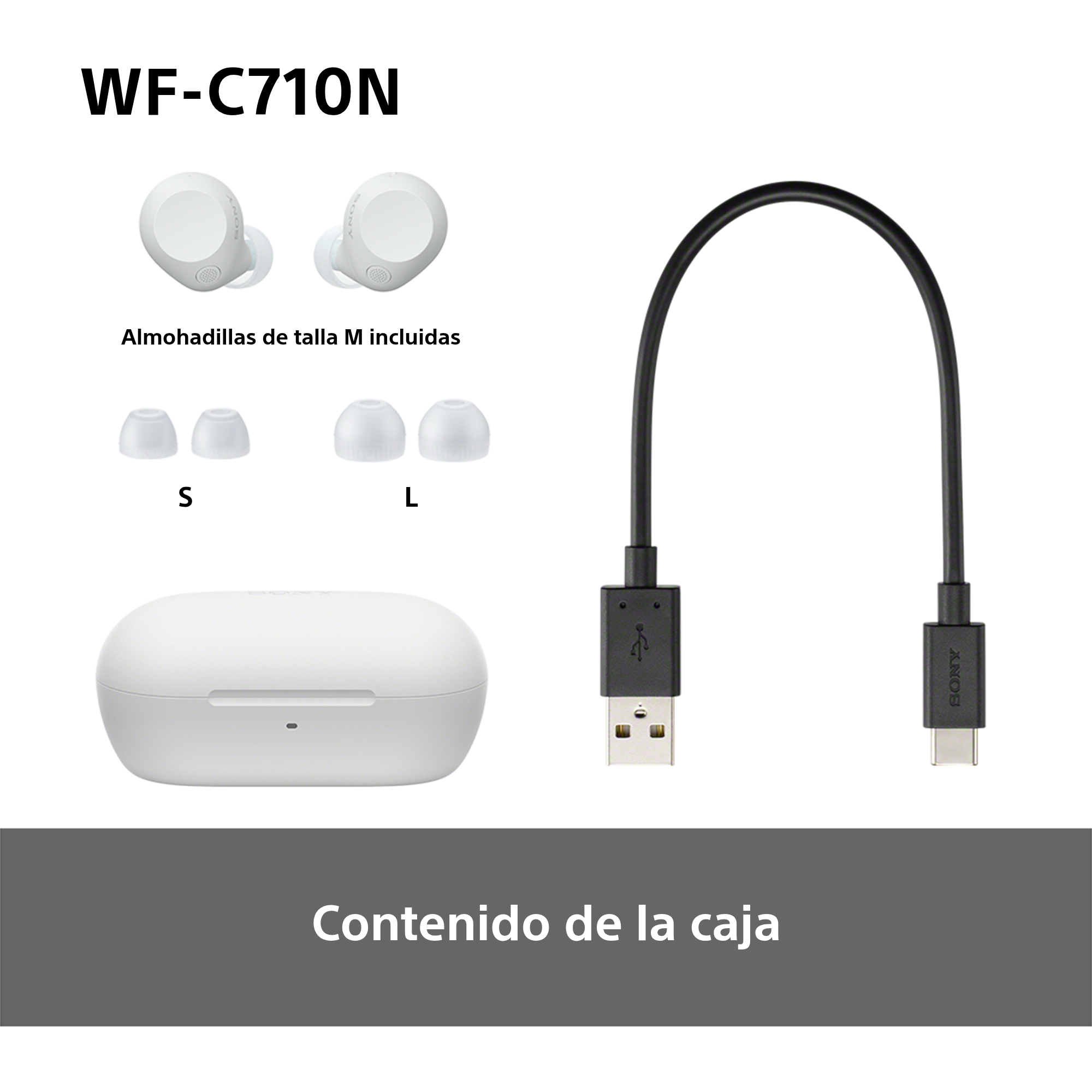 Auriculares blancos, estuche de carga y accesorios sobre fondo blanco, con texto.