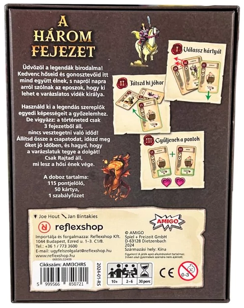 Egy társasjáték dobozának hátulja. A szöveg és az illusztrációk magyar nyelven.