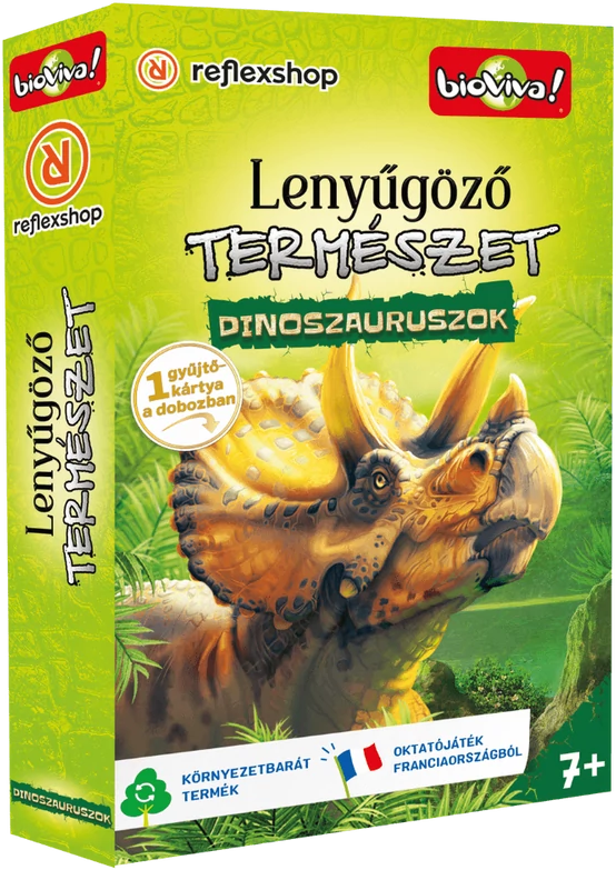 Magyar oktatójáték doboza, 'Lenyűgöző Természet', dinoszaurusz illusztrációval.