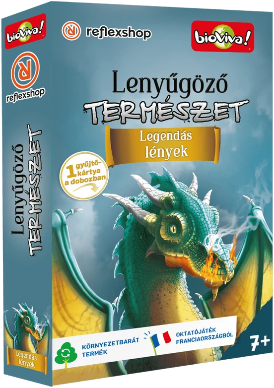 A társasjáték doboza, a 'Lenyűgöző Természet'. A dobozon egy sárkány látható, szöveggel.