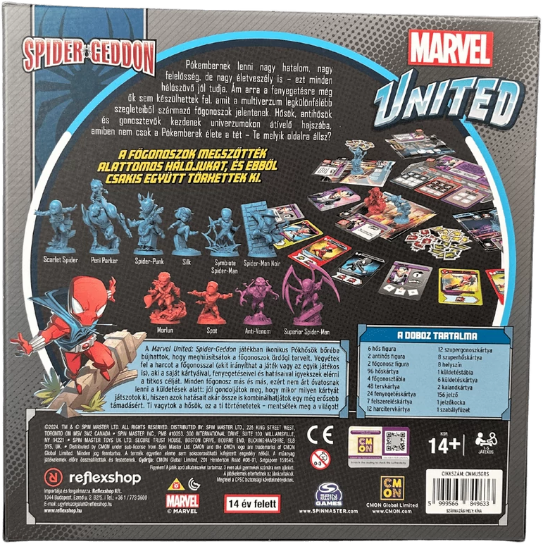 A Marvel United társasjáték dobozának hátulja. Tartalmazza a játék részleteit, figuráit és karakterképeit.