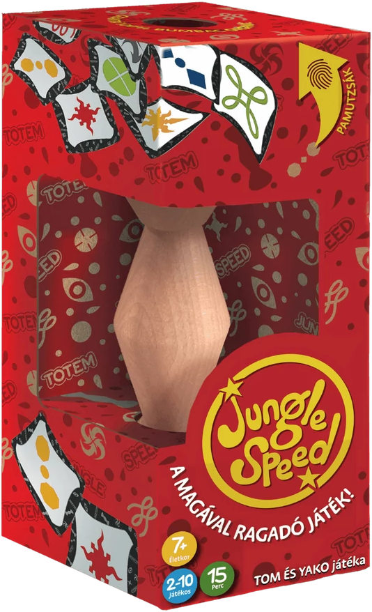Egy doboz a Jungle Speed-hez, egy társasjátékhoz. Kártyákat és egy fa totemet tartalmaz.