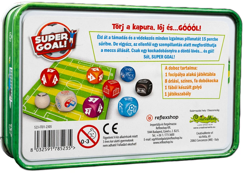 A Super Goal játékdoboz hátulja. Játékdarabokat és utasításokat tartalmaz. Több nyelven.