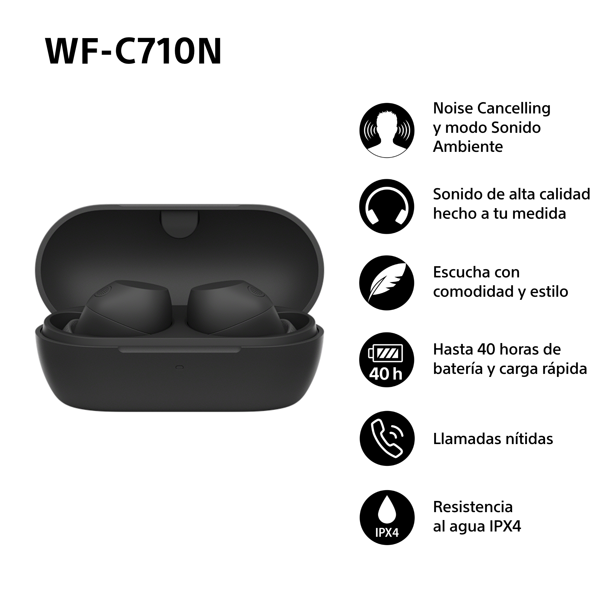 Auriculares negros en estuche con iconos que indican funciones como cancelación de ruido y batería de larga duración.
