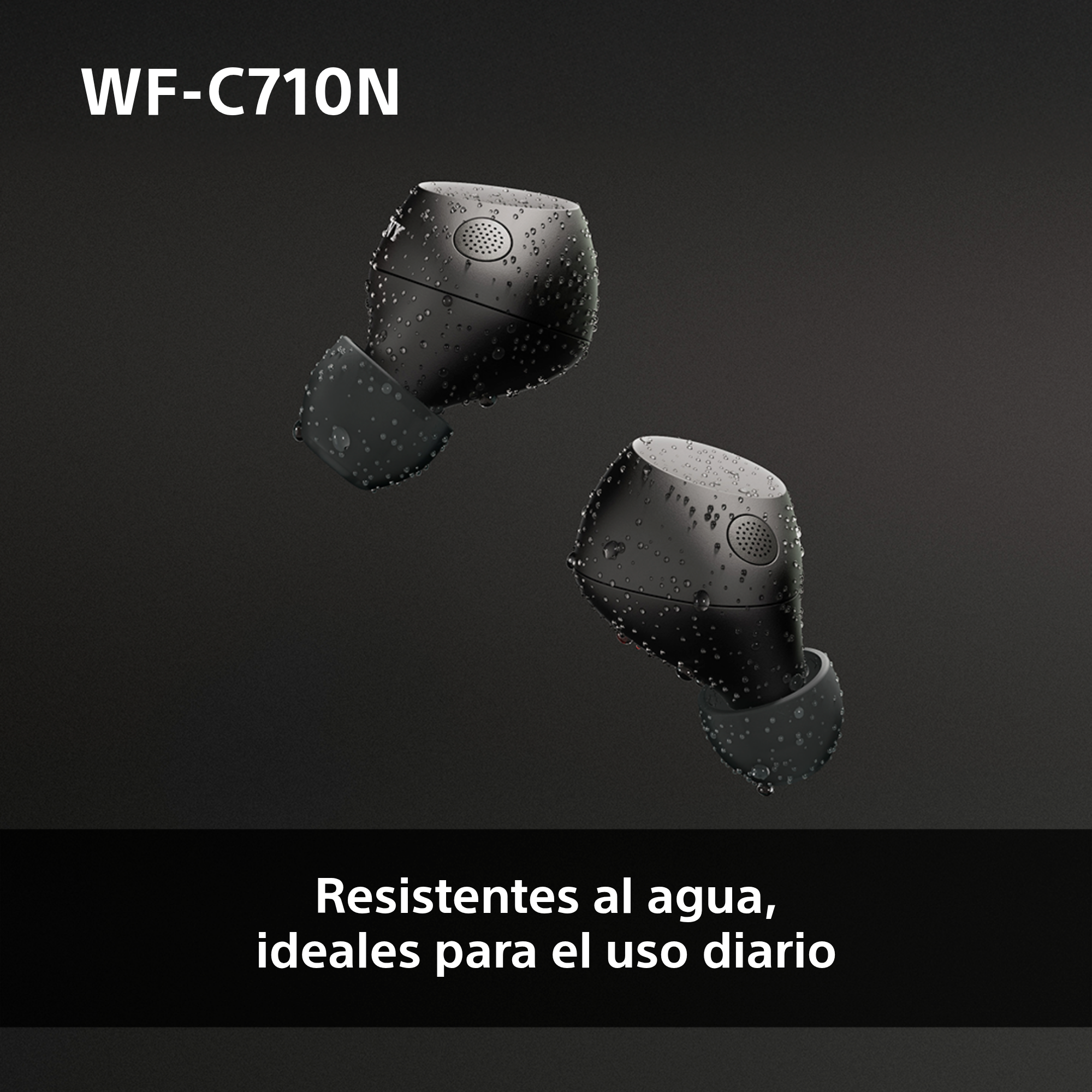 Dos auriculares negros con gotas de agua. Texto blanco: 'Resistente al agua, ideal para uso diario'.