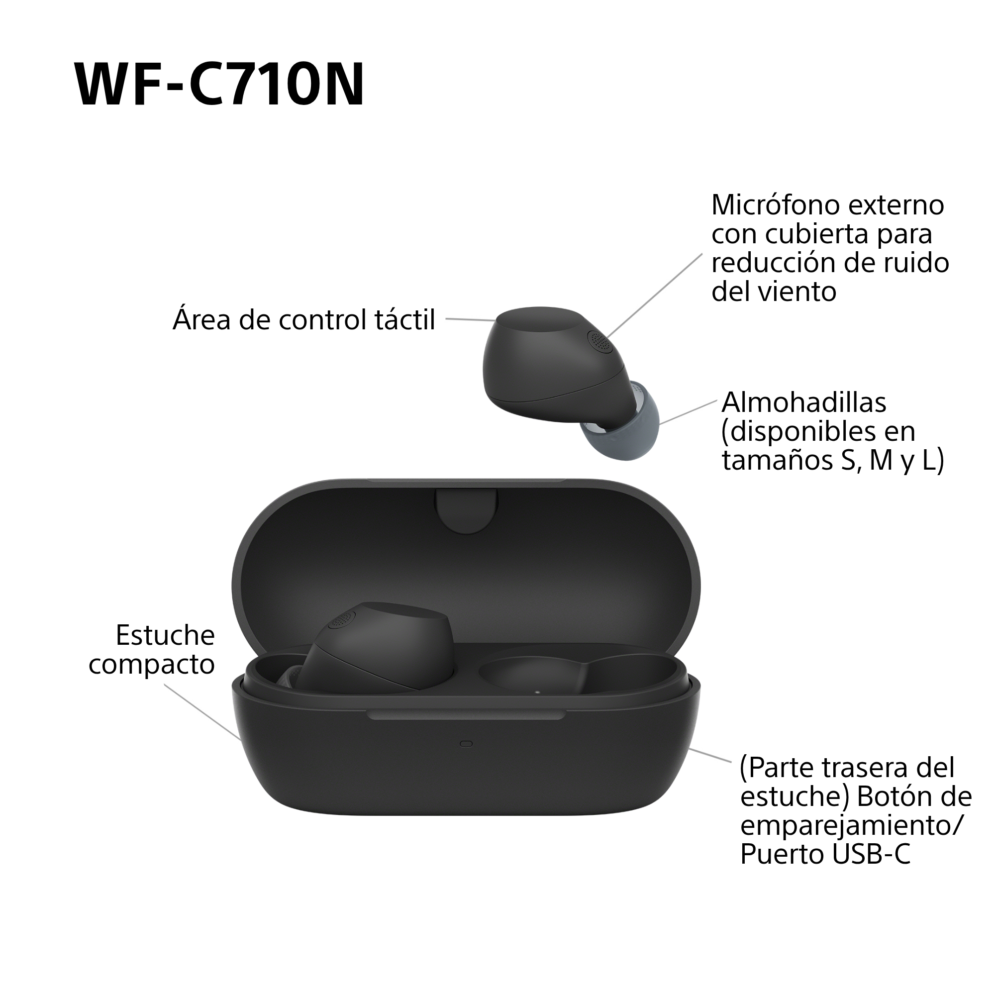 Auriculares en un estuche negro con etiquetas en español, mostrando características.