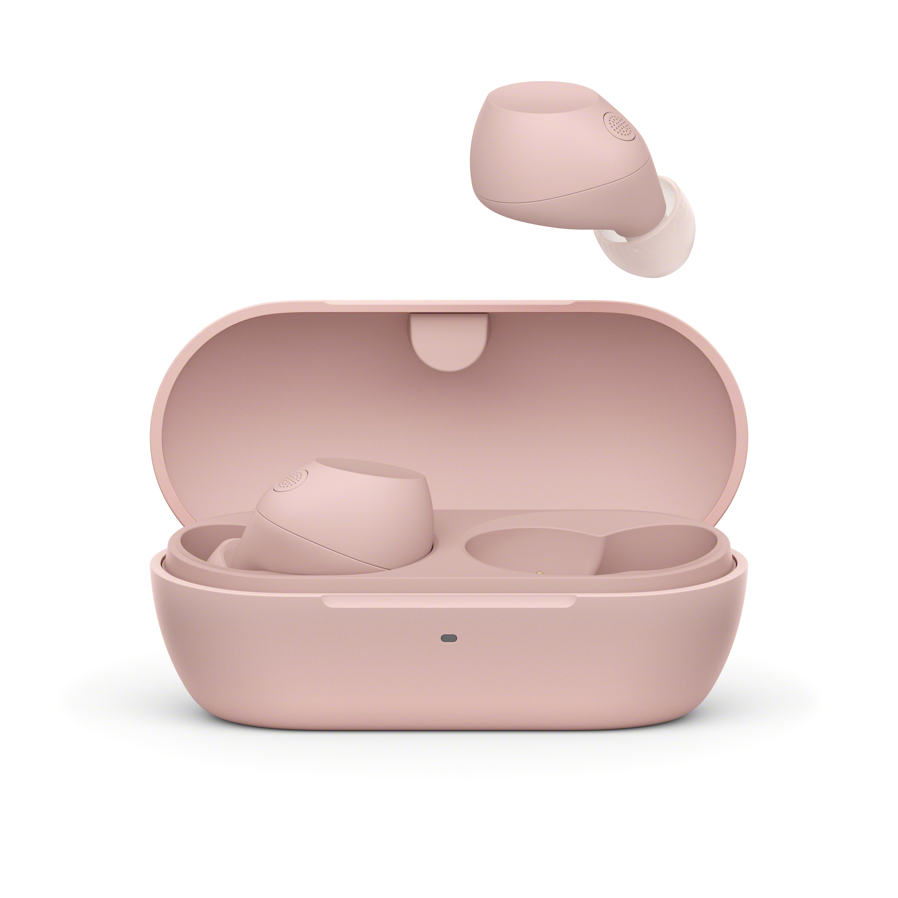 Auriculares rosas en una funda a juego. Un auricular flota sobre la funda.