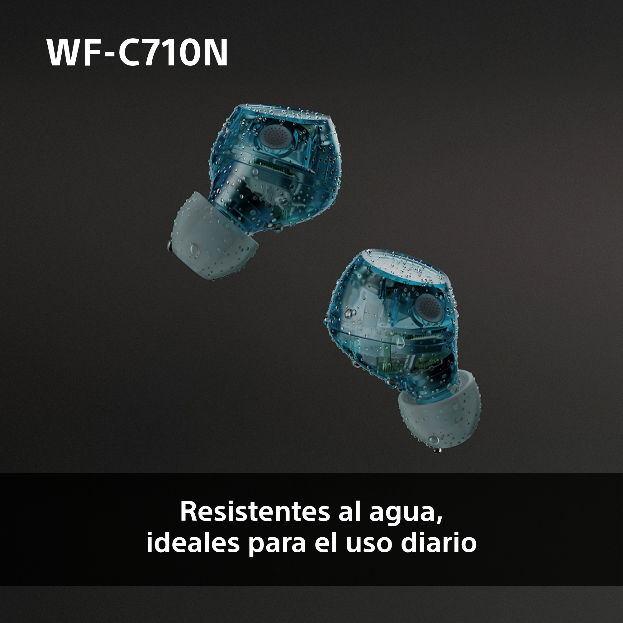 Dos auriculares azules con gotas de agua.