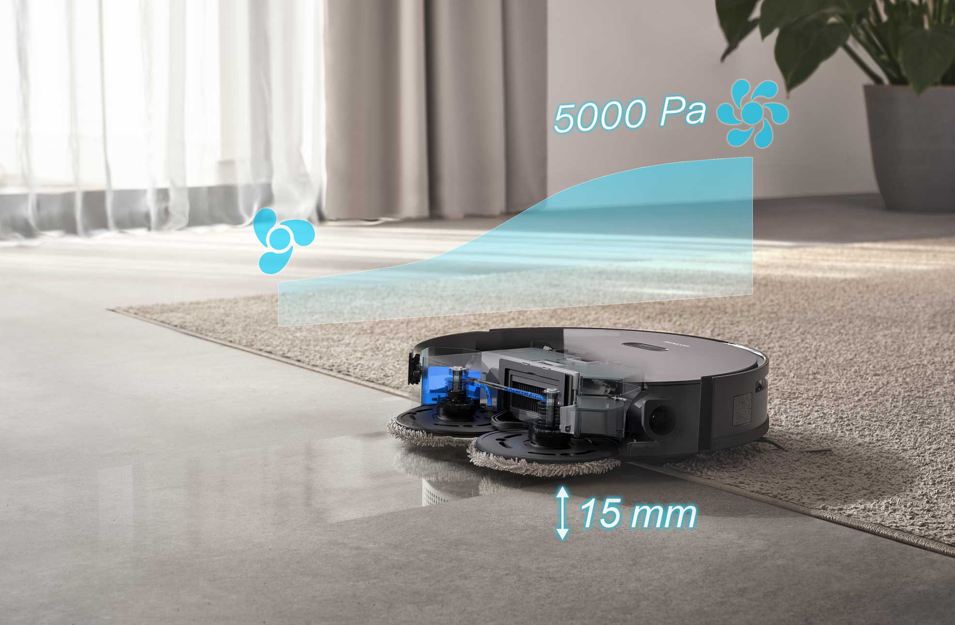 Robot porszívó a padlón, tisztítási útvonalakkal és adatátfedéssel.