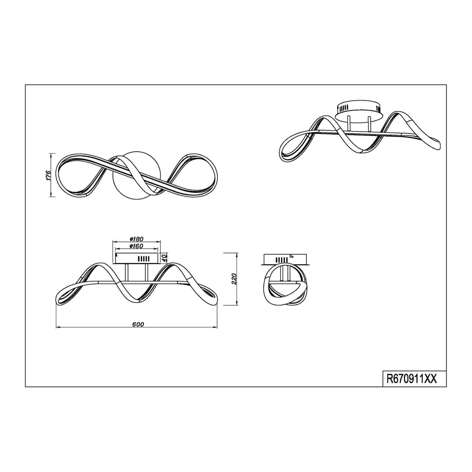 Disegno tecnico di una lampada da soffitto con dimensioni in millimetri.