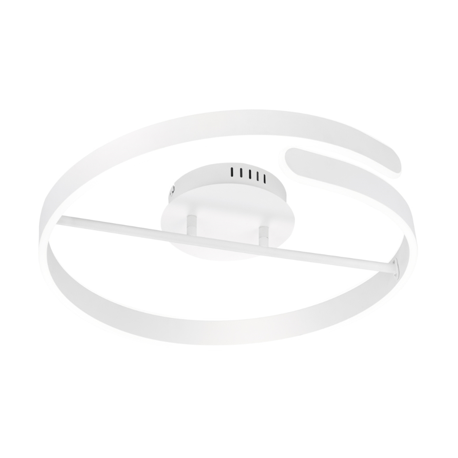 Lampada da soffitto bianca e moderna con design curvo e barra orizzontale.