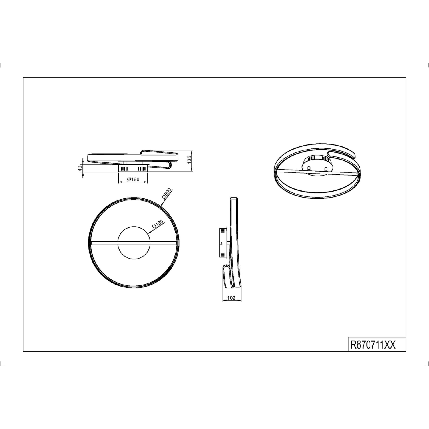 Disegno tecnico di un apparecchio di illuminazione a soffitto circolare con misure, viste laterali e superiori.