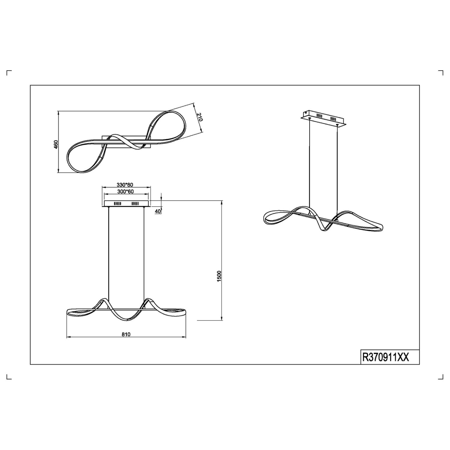 Disegno tecnico di una lampada a sospensione con design curvo. Le dimensioni sono indicate in mm.