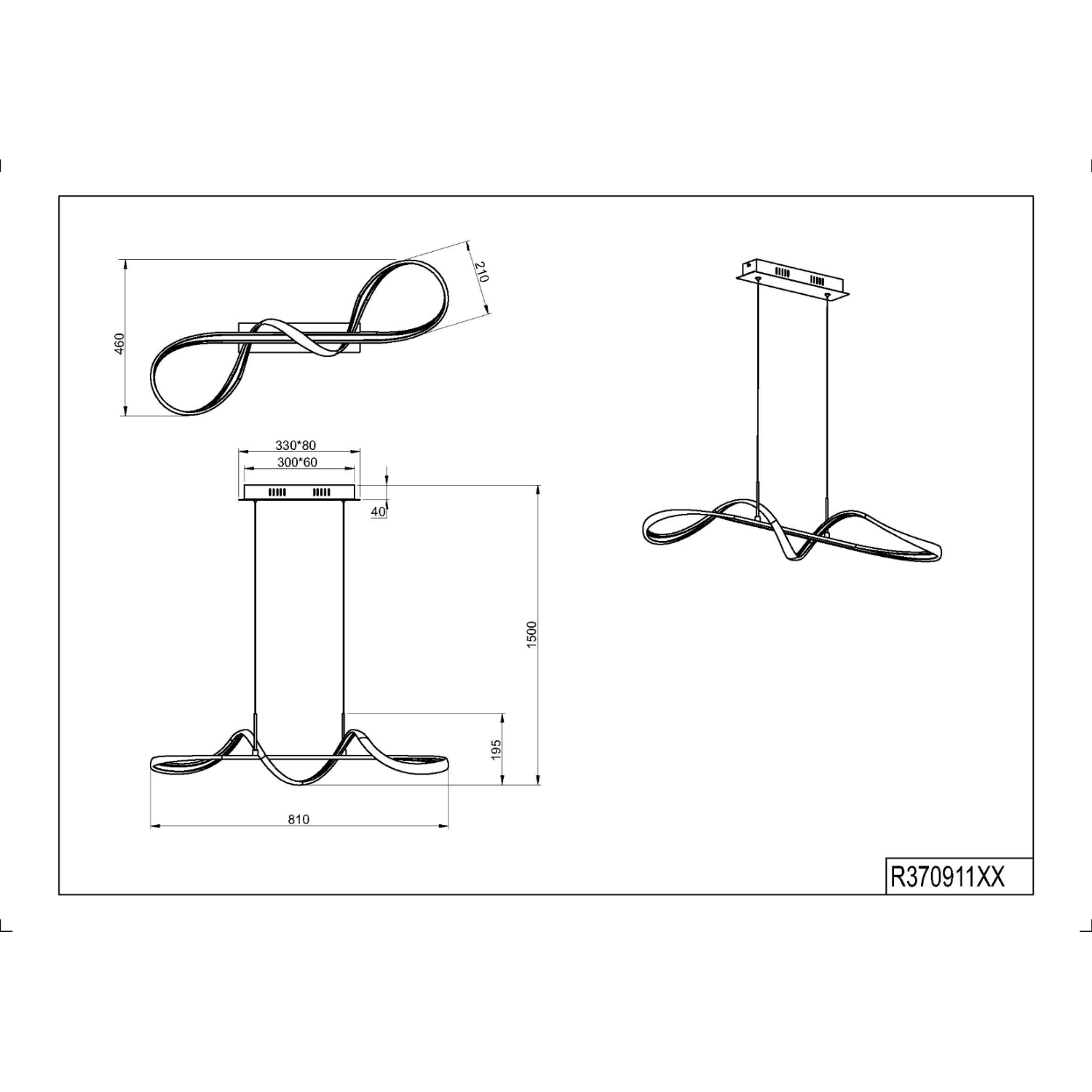 Disegno tecnico di un moderno apparecchio di illuminazione con dimensioni.