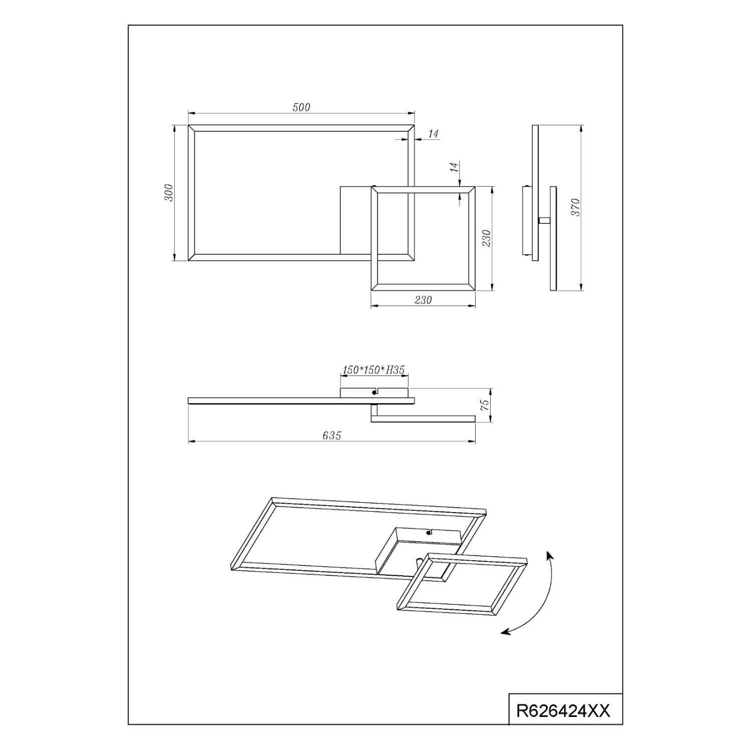 Disegno tecnico di un'apparecchio di illuminazione con misure e dimensioni.