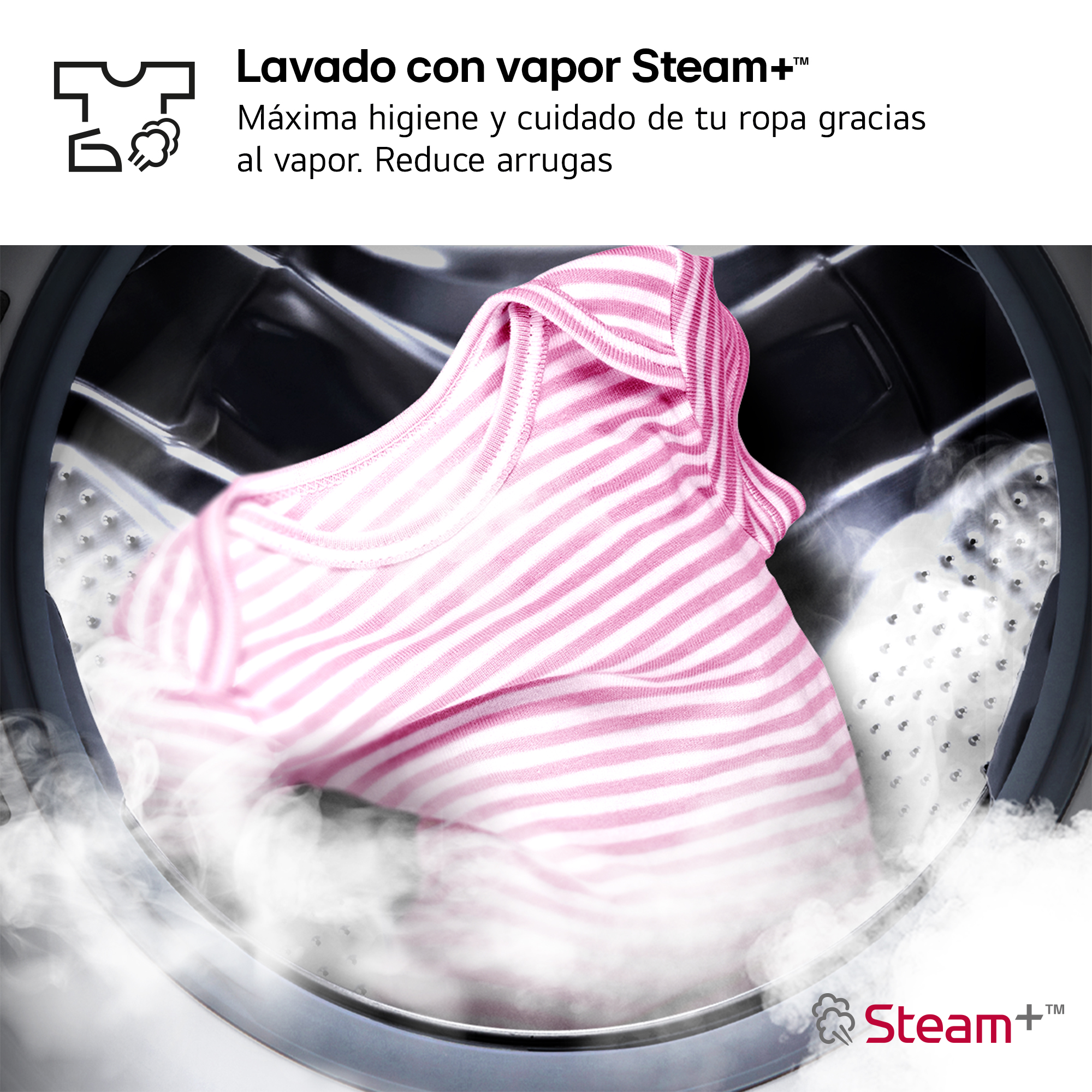 Interior de lavadora con camisa rosa a rayas, vapor ascendente. Texto: 'Lavado con vapor Steam+'.