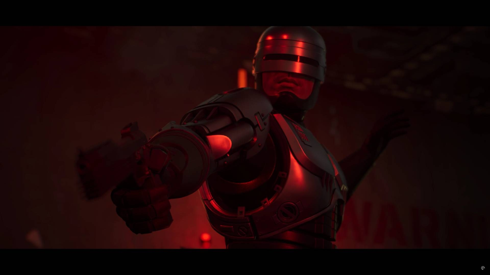 RoboCop zielt mit einer Waffe in einer rot beleuchteten Umgebung. Futuristische Szene.