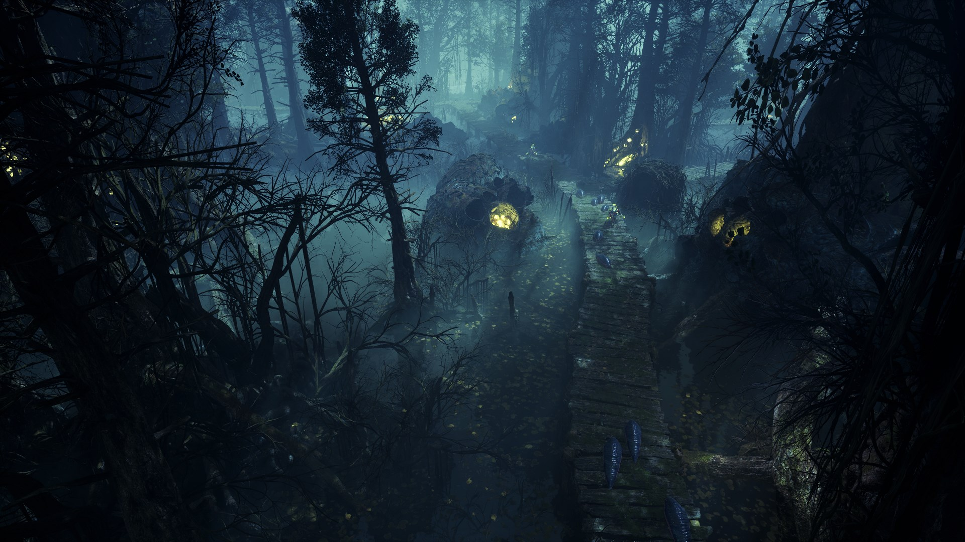 Forêt fantastique sombre et atmosphérique avec un chemin de pierre.