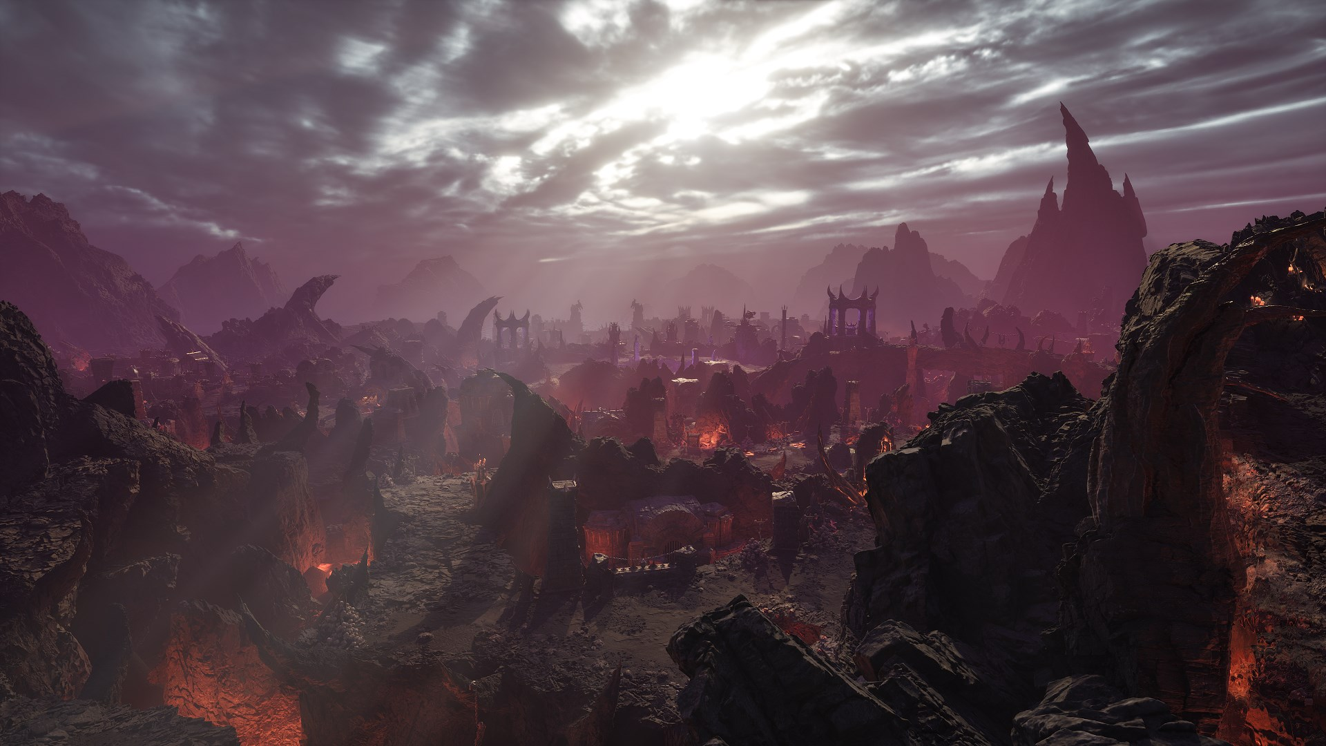 Un paysage sombre et infernal avec des montagnes, de la lave et un ciel orageux.