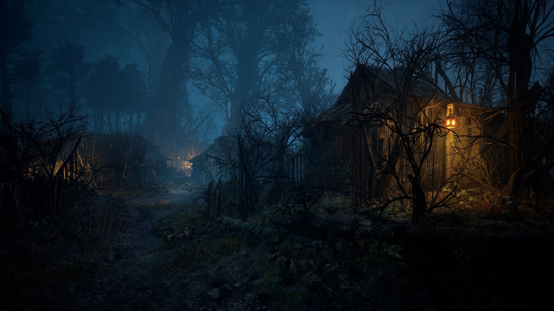 Une scène de forêt sombre et effrayante la nuit avec une maison hantée en arrière-plan.