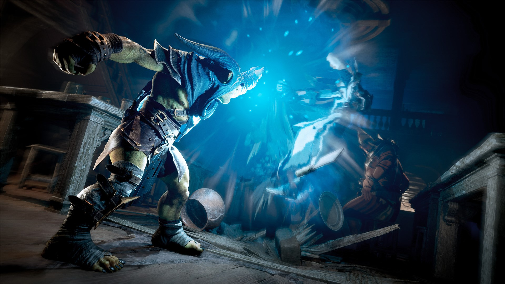 Eine Szene aus einem Spiel. Ein ork-ähnliches Wesen greift ein anderes mit blauer Energie an. Dunkle Innenraumumgebung.