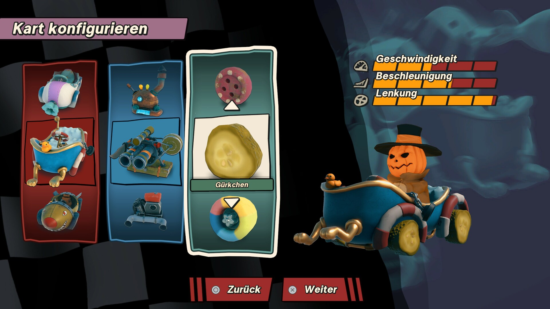 Spielmenü mit Kart-Optionen: Kürbiskopf-Charakter in blauem Kart, Gurkenauswahl.