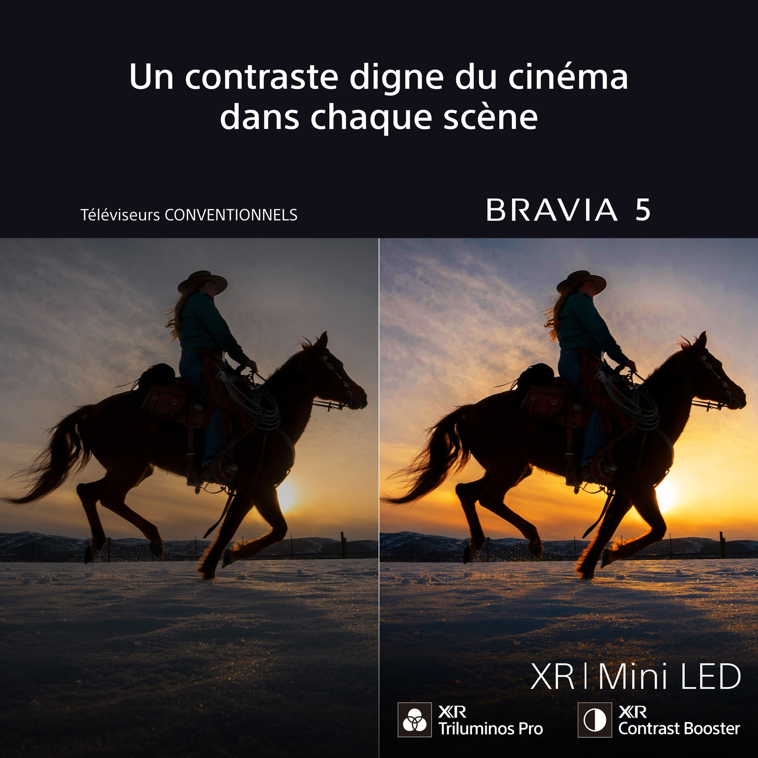 Deux images côte à côte, montrant une femme à cheval au coucher du soleil. L'image de droite a un meilleur contraste.