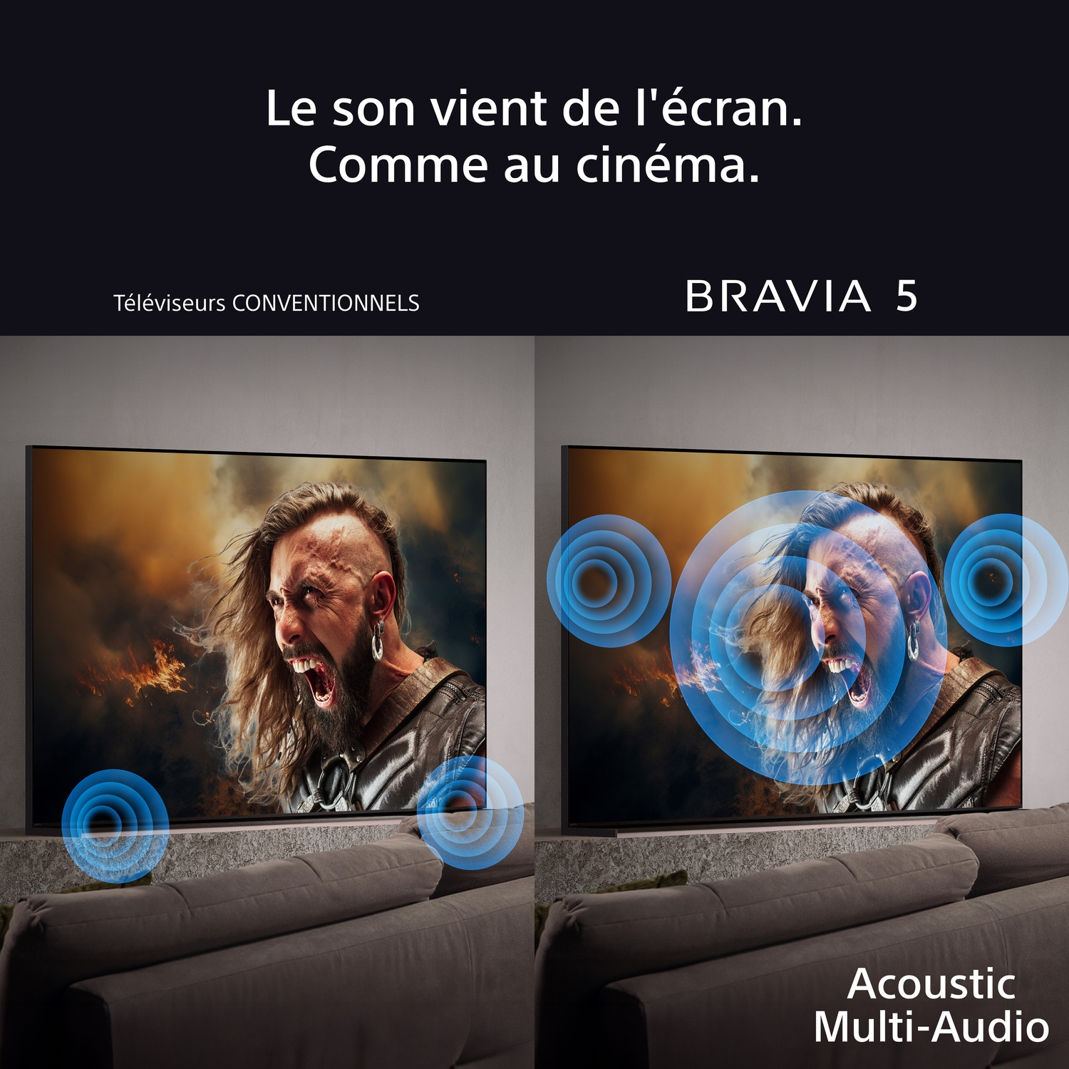 Deux téléviseurs montrant des visuels différents, avec du texte sur la qualité sonore.