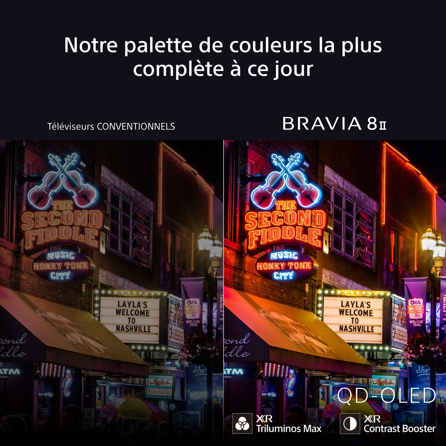 Une comparaison côte à côte de deux téléviseurs. Chacun affiche une scène de ville avec des enseignes au néon.