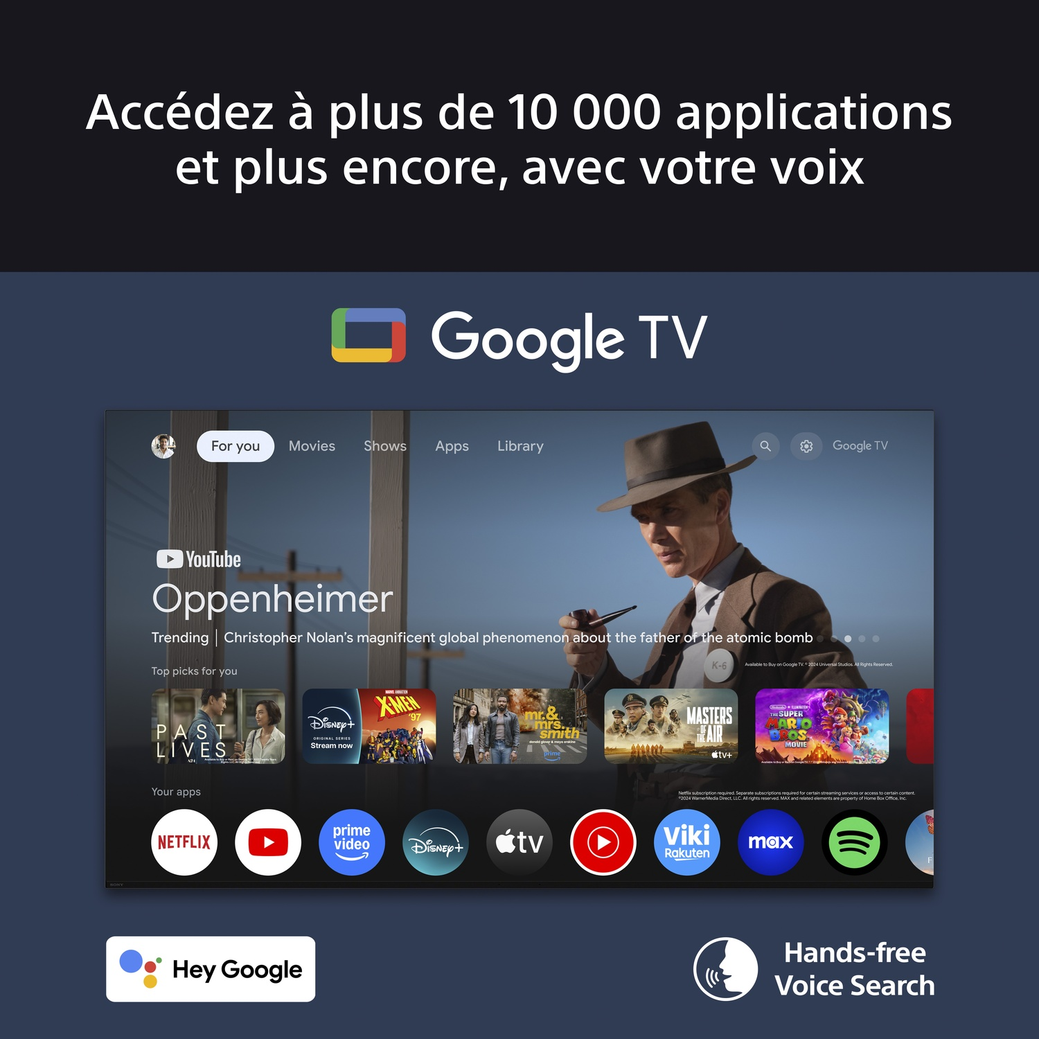 Interface Google TV affichant un film avec icônes d'applications en bas et texte en haut.