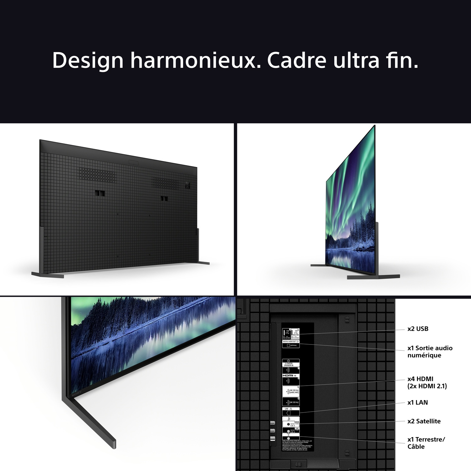Un téléviseur est présenté sous différents angles. Les ports sont étiquetés. Le téléviseur a un design élégant.
