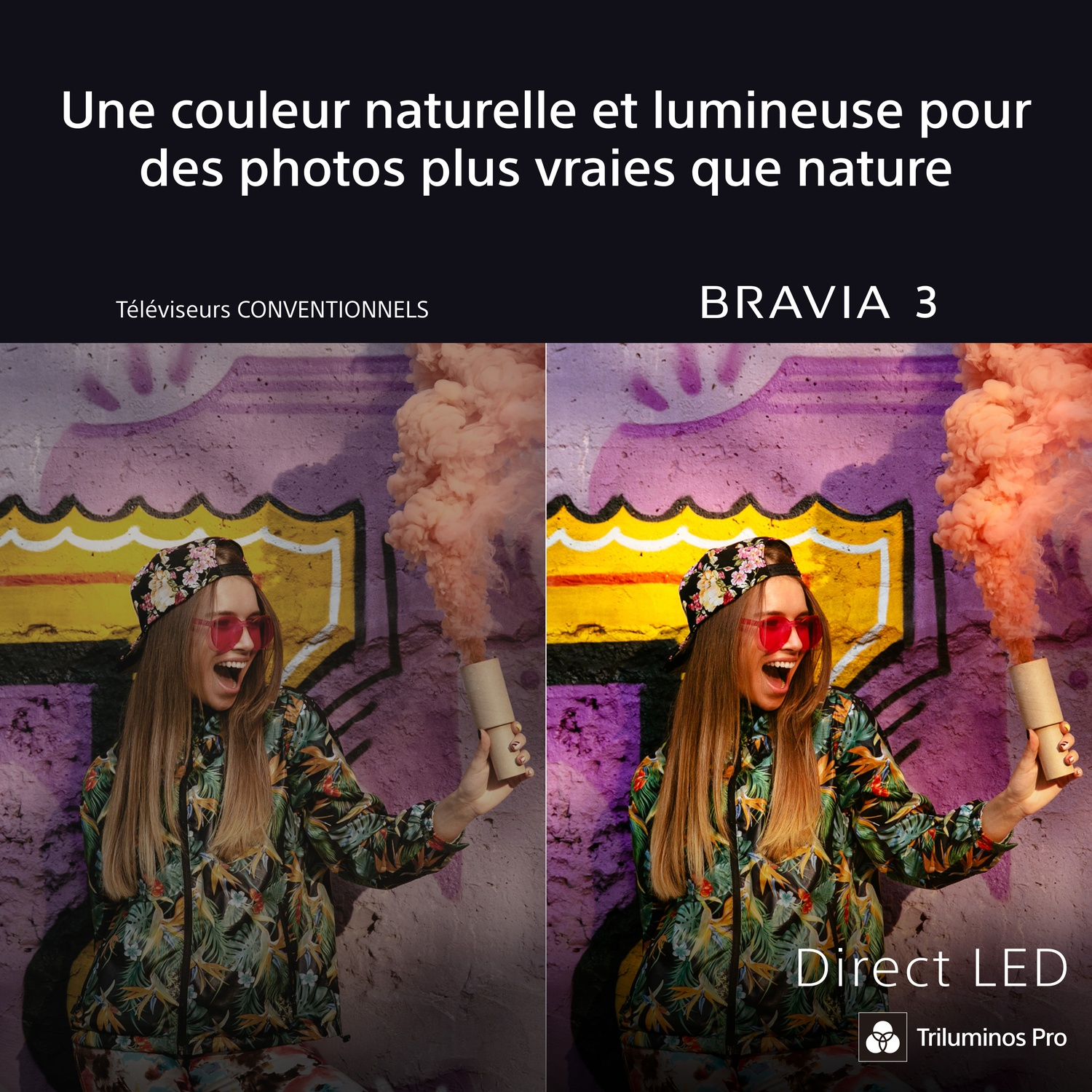 Comparaison de deux images : une femme avec des fusées fumigènes, avec différentes technologies d'affichage.