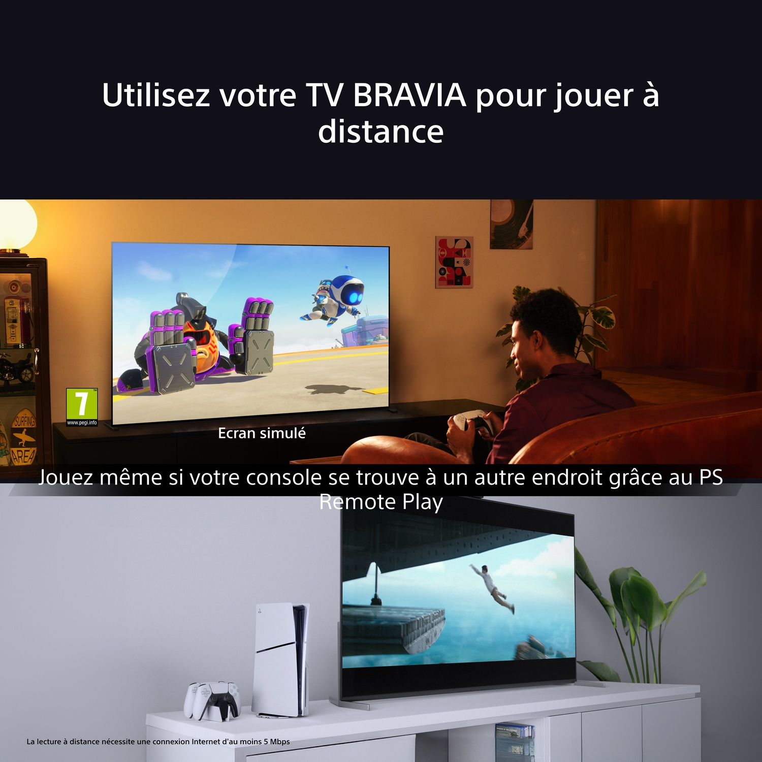 Homme jouant à des jeux vidéo sur une TV avec PlayStation 5 et télécommande, à l'intérieur.