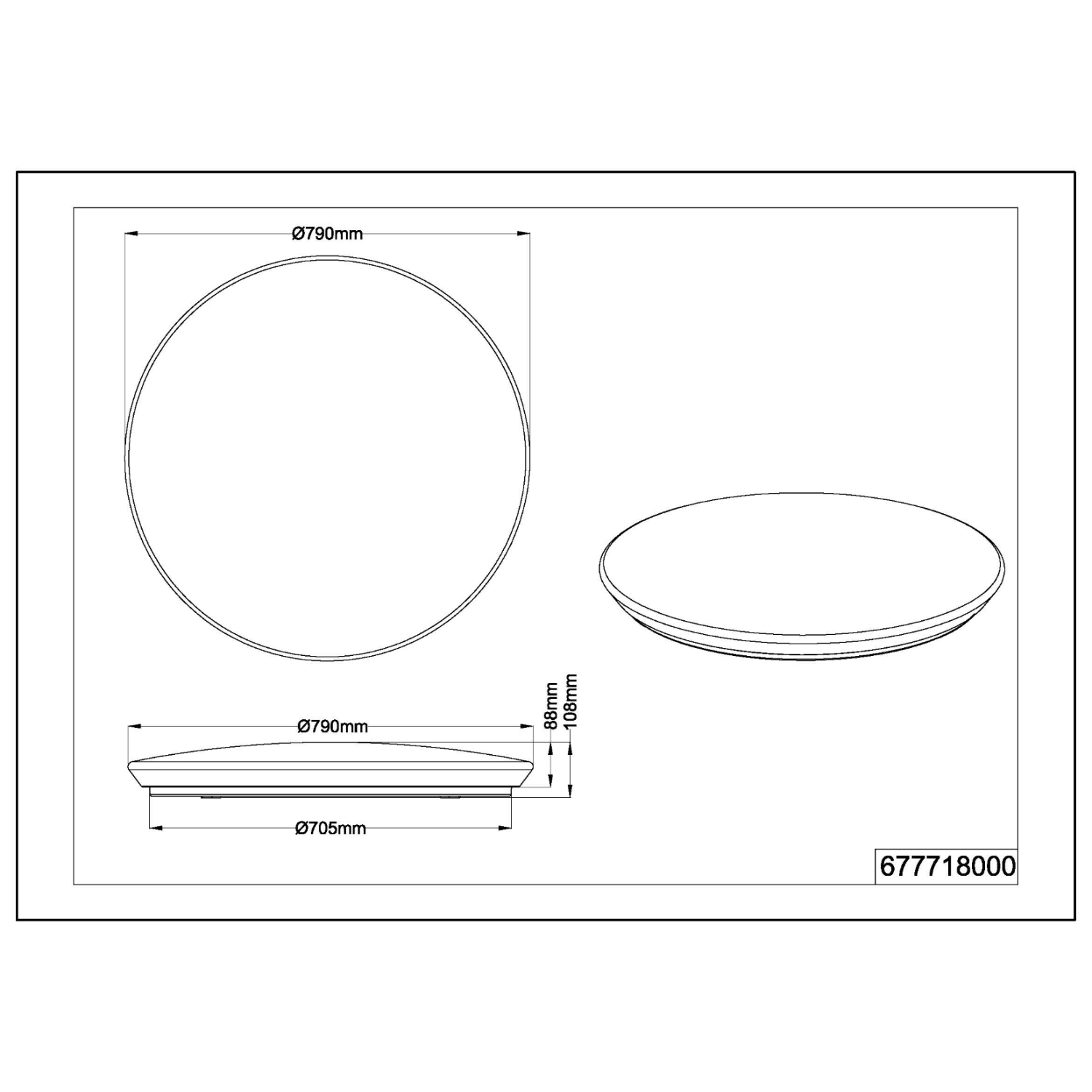Diagramma di un'apparecchio di illuminazione a soffitto rotondo con dimensioni e vista laterale. Mostra viste dall'alto, laterali e frontali.