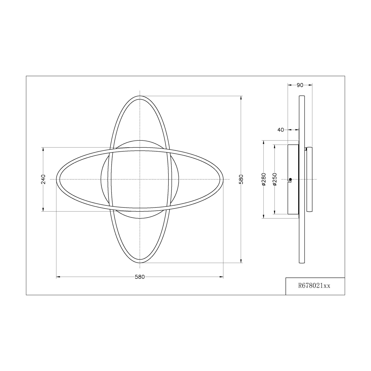 Disegno tecnico di un moderno apparecchio di illuminazione a soffitto, che mostra dimensioni e layout.