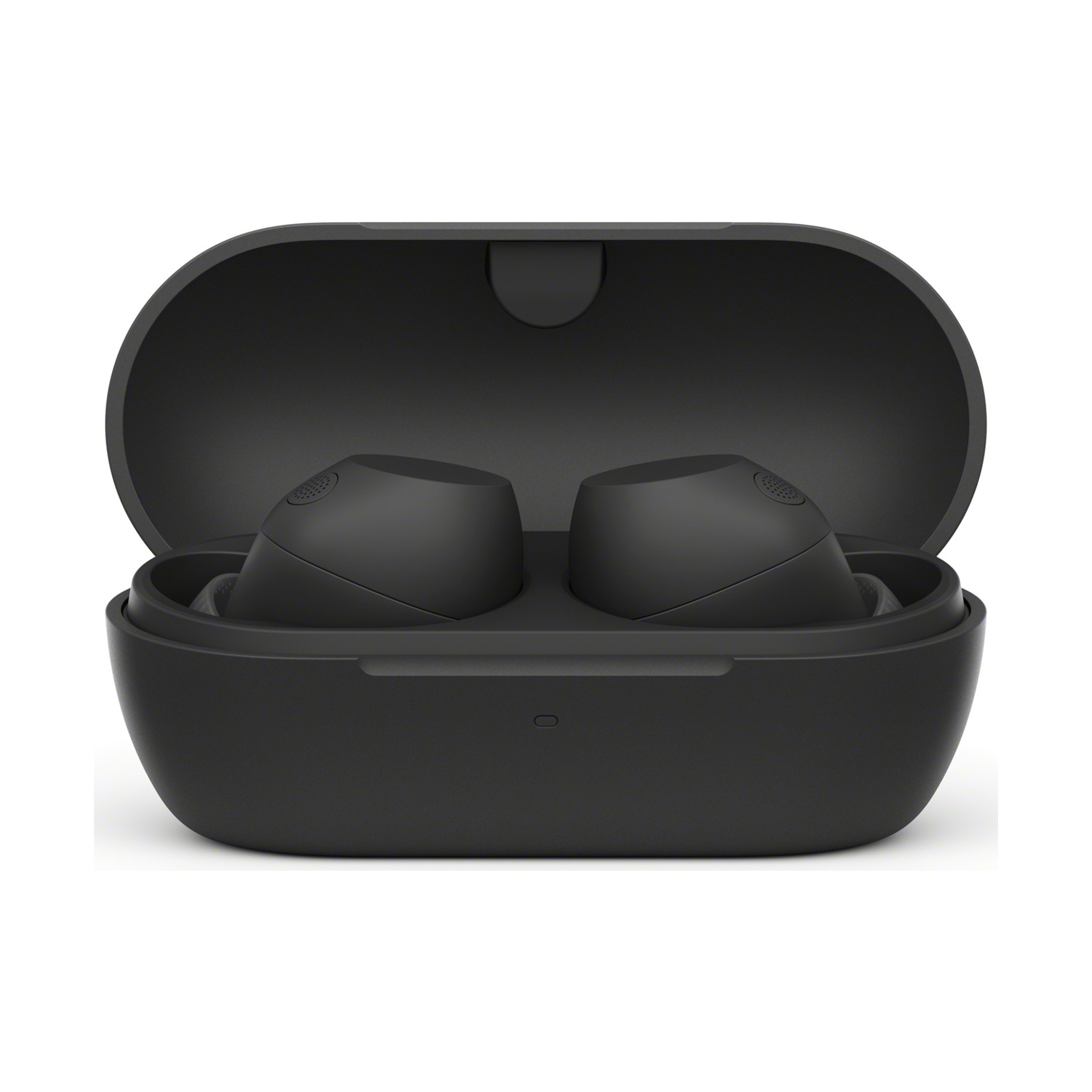 Auricolari wireless neri in una custodia di ricarica nera aperta, che mostra gli auricolari.