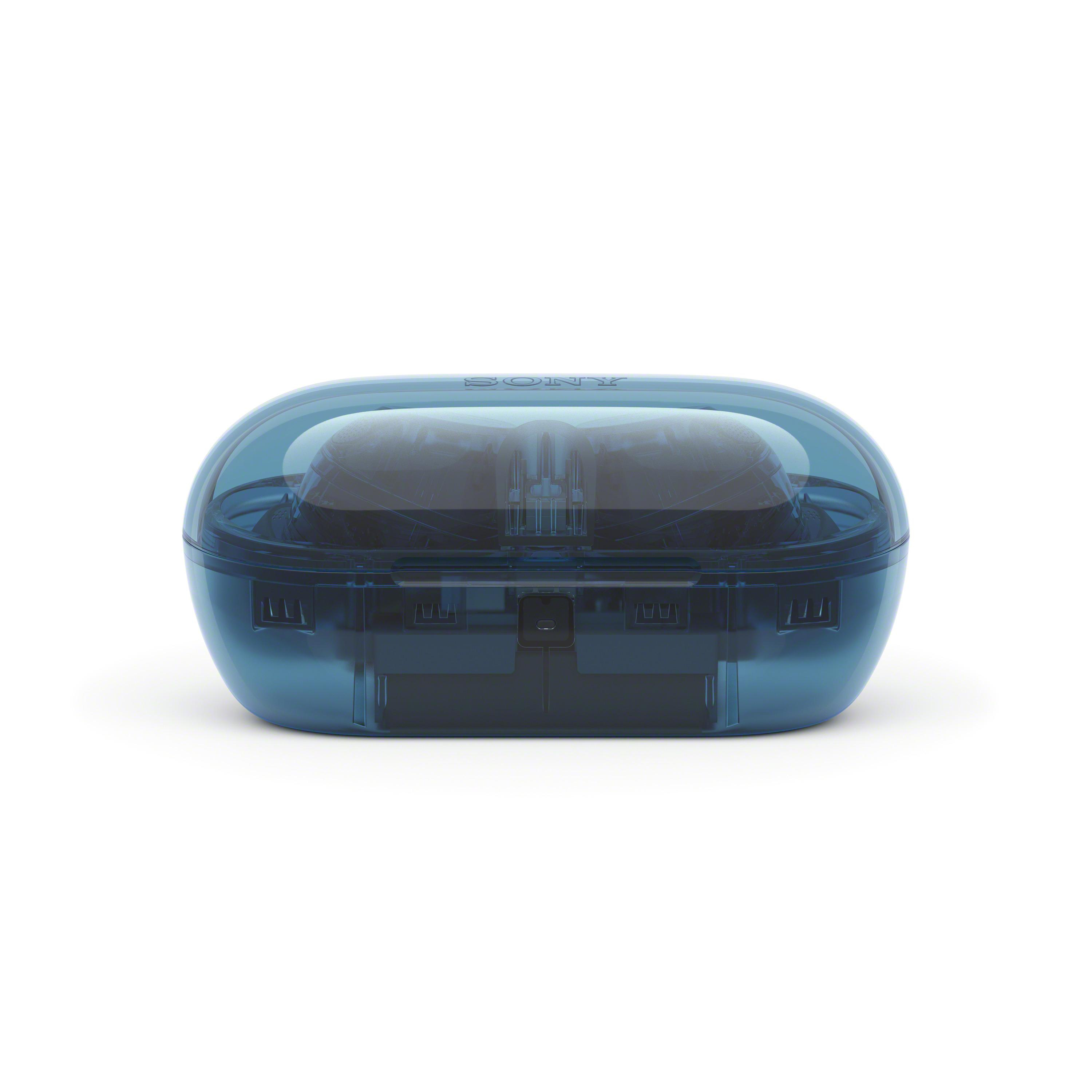 Ein blau-transparenter Koffer mit Ohrhörern, zum Aufladen und Aufbewahren.