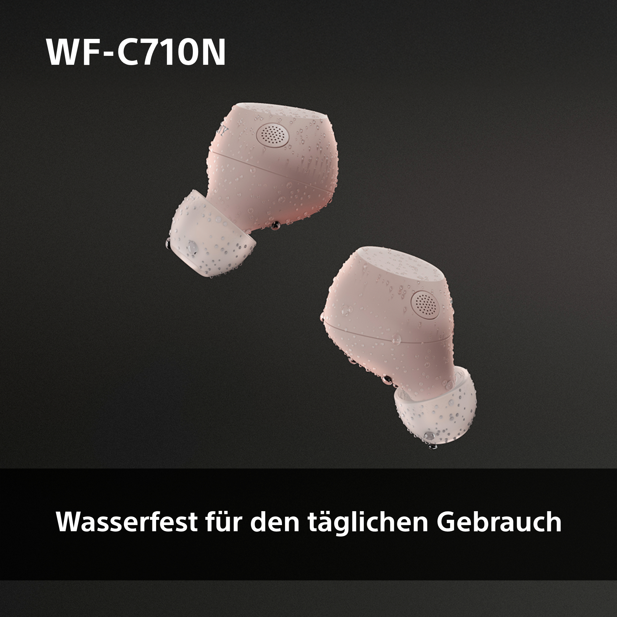 Zwei rosa kabellose Ohrhörer mit Wassertropfen auf dunklem Hintergrund, Text: Wasserfest.
