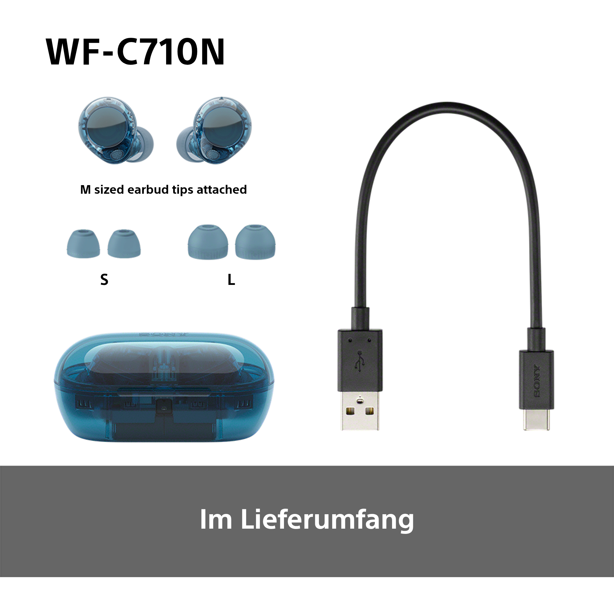 Kopfhörer, Ladecase und USB-Kabel. Text: Im Lieferumfang.