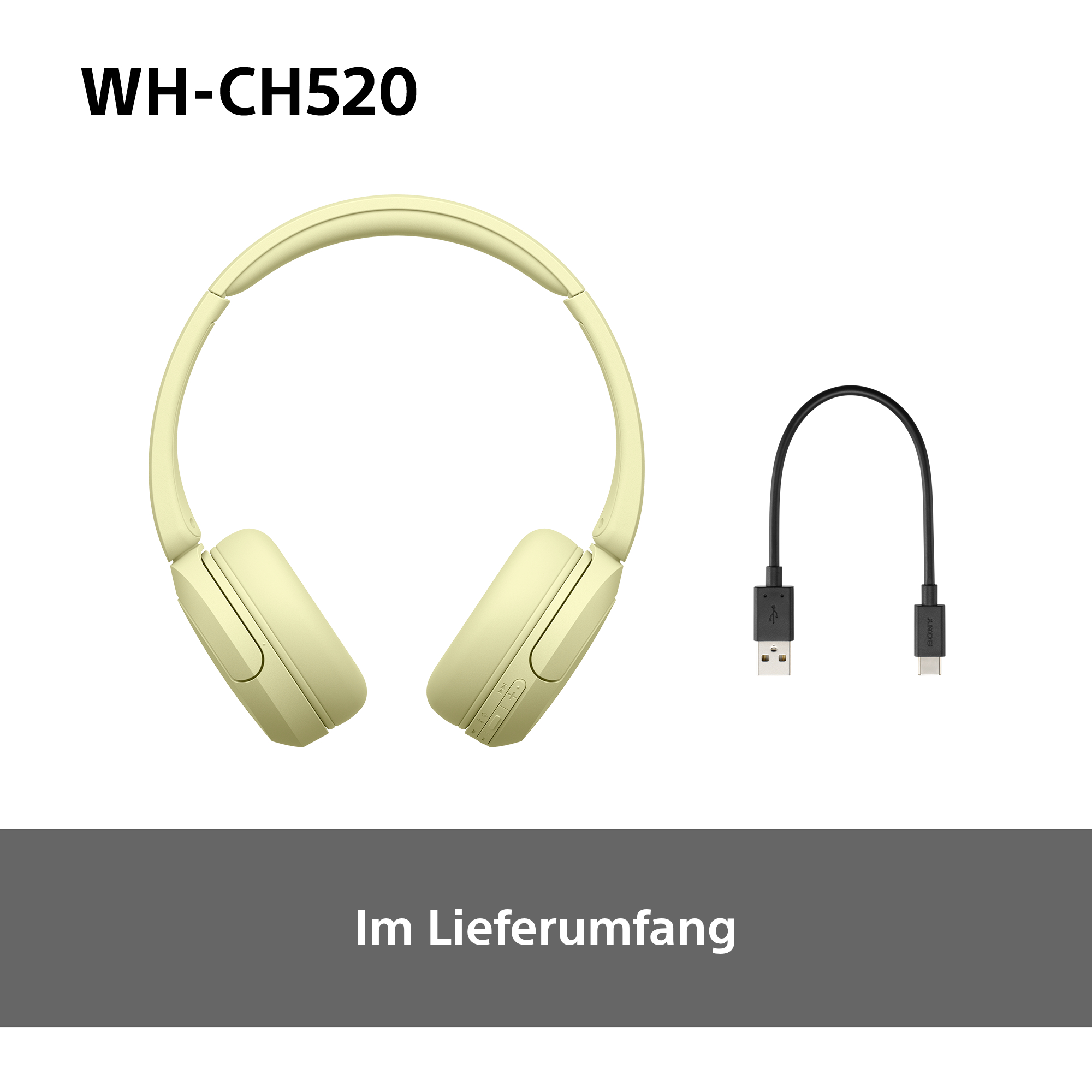 Gelbe Kopfhörer und ein schwarzes USB-Kabel auf weißem Hintergrund.